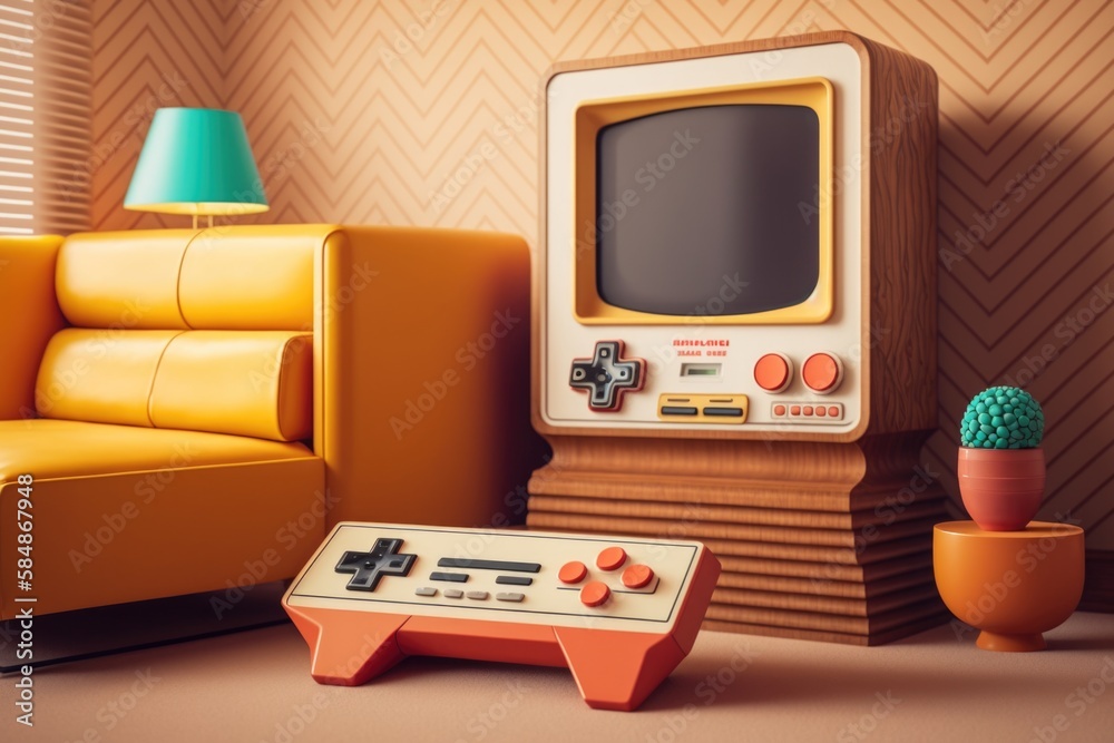 Poster a retro computer game console next to a couch and a cactus living room video art computer graphics g