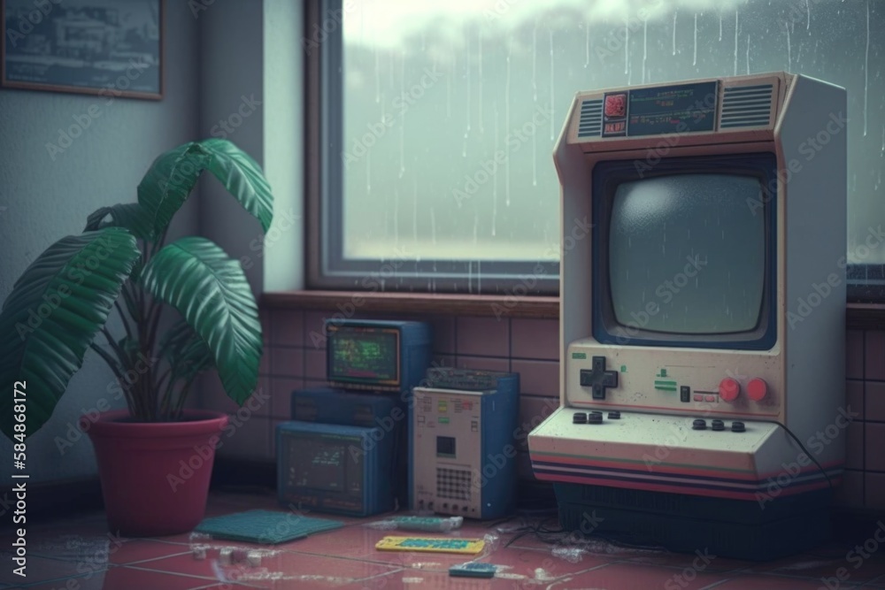 Poster a computer and a plant in a room with a window and a window sill arcade photorealism computer graphi