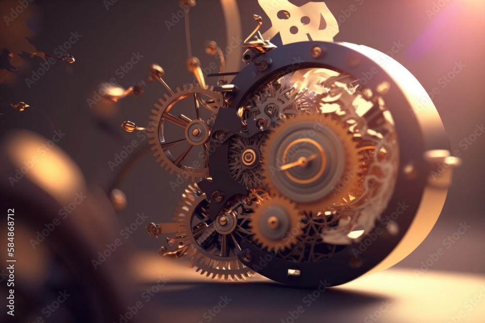 Poster a clock with gears and a clock face on a table with a light shining on it workshop kinetic art suppl