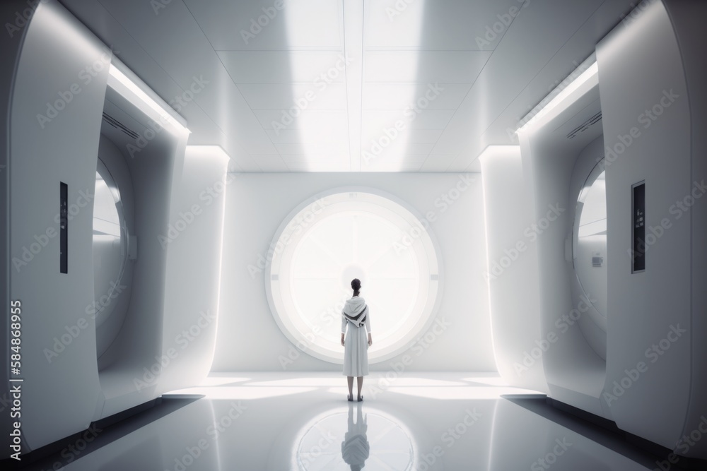 Poster a person standing in a white room with a circular window in the middle factory constructivism set de