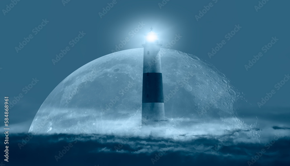 Poster night sky with super full moon in the clouds, on the foreground lighthouse 