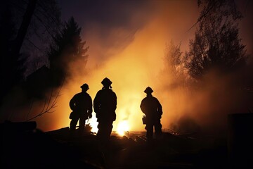 Fototapeta na wymiar Danger in the Night: A Close-Up of Firemen Battling a Forest Fire. Generative AI