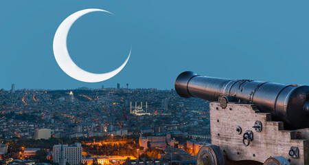 Ramadan Concept - Ramadan kareem cannon with crescent moon at amazing sunset - Ankara, Capital city of Turkey  - obrazy, fototapety, plakaty