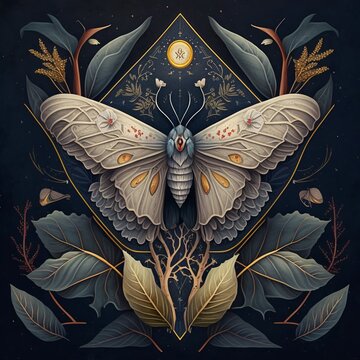 Mystic Botanical Portrait of an Imaginary Moth Species. [Fantasy, Historic, Horror, Natural Science Illustration.]