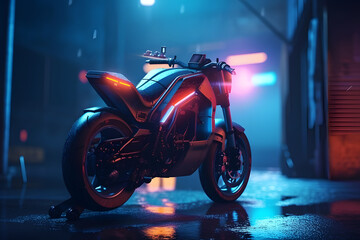Futuristic and modern motorbike with blurred neon lights as background AI