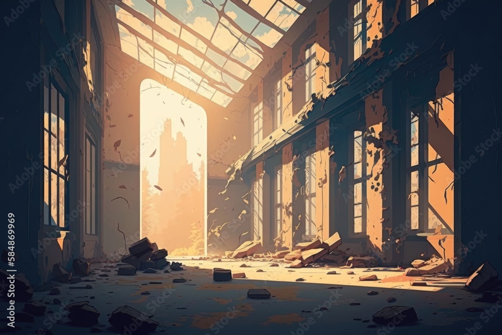 Poster a room with a broken ceiling and broken windows and debris on the floor abandoned factory at sunset 