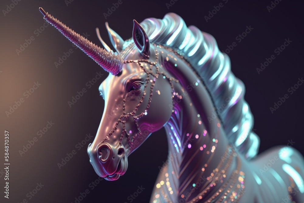 Poster a unicorn statue with a shiny mane and a long tail standing in front of a dark background zoo animat