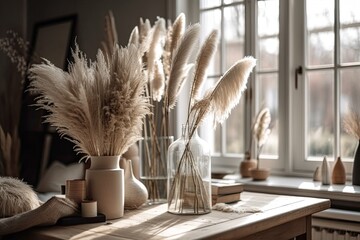 Fluffy reed plumes on white living room table. Generative AI - obrazy, fototapety, plakaty
