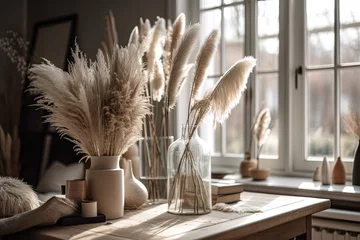 Foto op Canvas Fluffy reed plumes on white living room table. Generative AI © AkuAku
