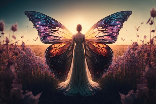 A Woman With A Butterfly Wings Standing In A Field Of Flowers Tundra Panoramic Photography Energy Healing Generative AI 