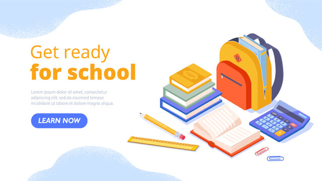 Get ready for school. Backpack with books and notebooks next to calculator. September 1 and International Day of Knowledge. Education, learning and training. Cartoon isometric vector illustration
