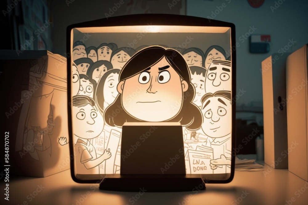 Poster a cartoon character is projected on a table with a laptop and a light classroom animation animation 