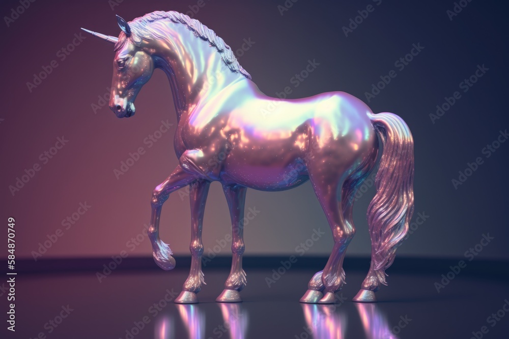 Poster a shiny unicorn statue is standing on a reflective surface with a purple background workshop photore