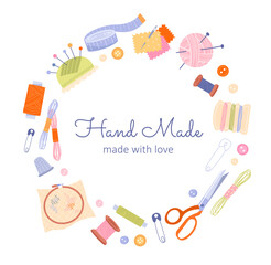 Hand made concept. Collection of tools for sewing. Scissors, thread and needles, measuring tape and ball of cotton. Thimble and pin. Cartoon flat vector illustrations isolated on white background
