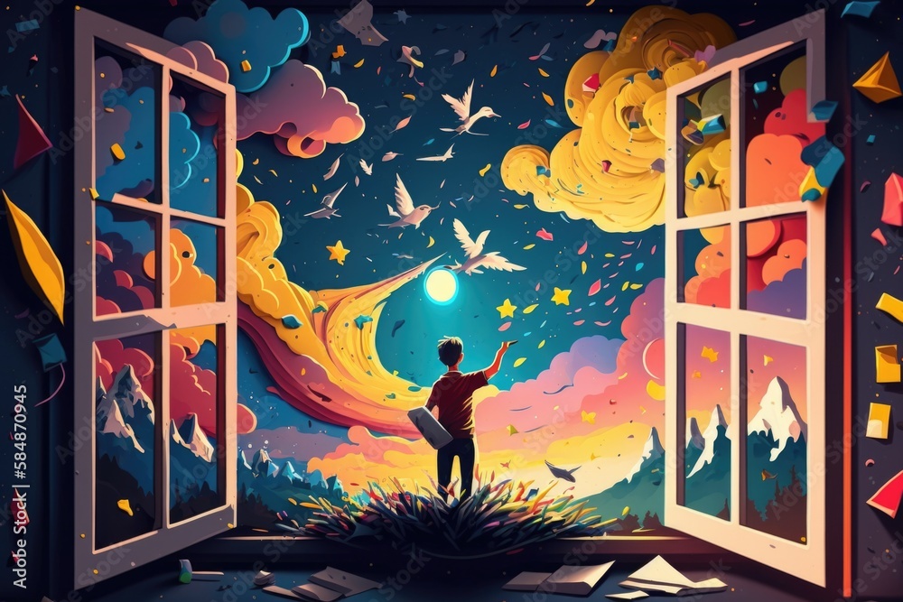Poster a person standing in front of a window with a view of a sky workshop graphic design content creation