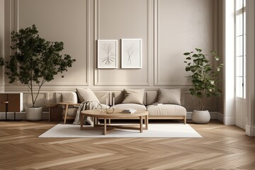Contemporary living room with beige couch, oak floors, and trees. Empty wall mockup. Excellent. Generative AI