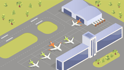 Airport top view. Planes on runway, transport for flights and travel. Terminal with airport traffic control tower, landing jet airplane. Cartoon isometric vector illustration