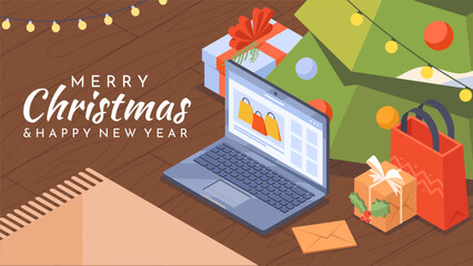 Merry Christmas banner. Buying gifts for winter holidays and New Year. Online shopping and e commerce. Packages, bags and boxes with present and surprise. Cartoon isometric vector illustration
