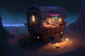 Wooden, tiny home on wheels. Fantasy AI Generative illustration