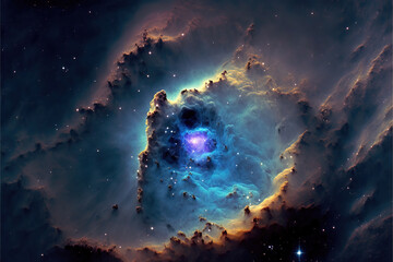 Naklejka na ściany i meble Glowing blue nebula with stars. Fantasy galaxy generative AI background