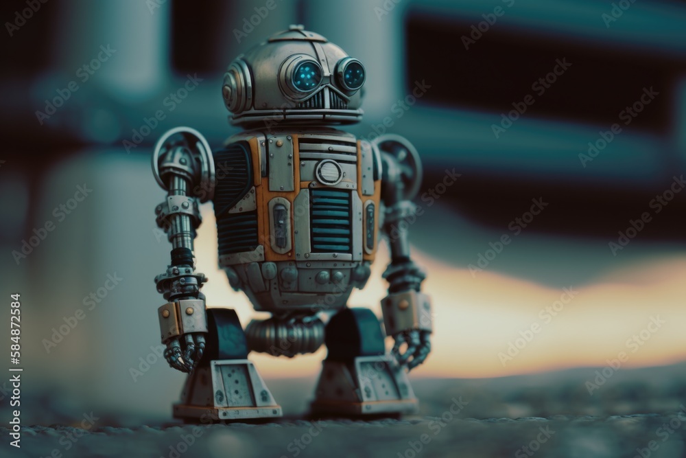 Poster a robot toy is standing on a surface with a building in the background workshop animation robotics e
