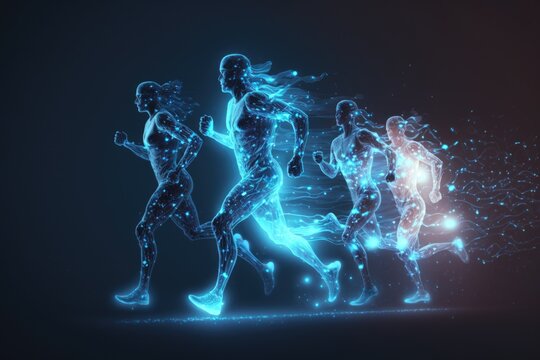 A Group Of People Running In A Line With Glowing Lights On Them Sports Bar Sports Photography Sports Coaching Generative AI 