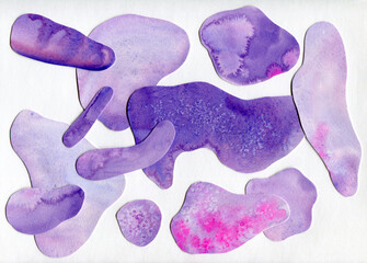 Abstract collage with violet figures on white background