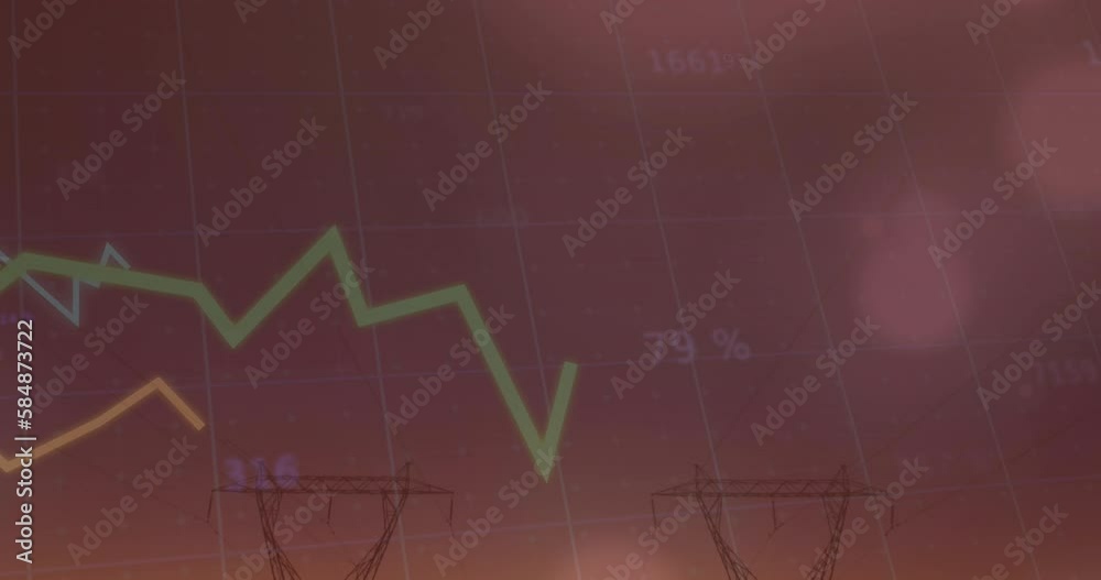 Poster animation of financial data processing and lines over grid