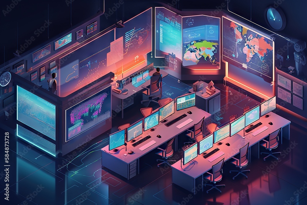 Poster a computer lab with multiple monitors and screens on the wall and a desk with a lot of monitors conf