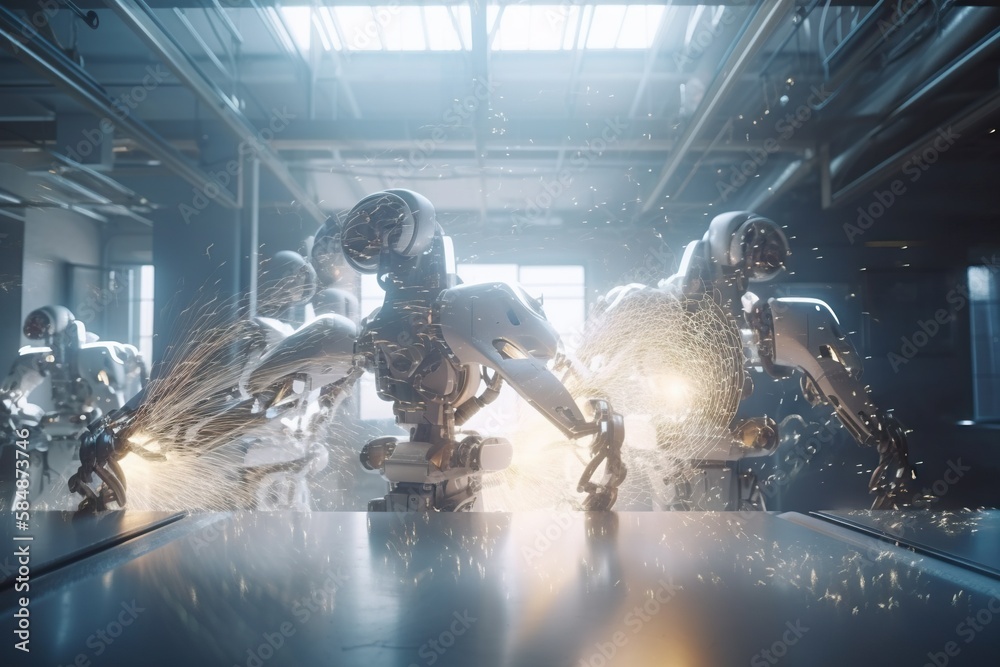 Fototapete A Group Of Robots Are Working On A Table In A Factory Factory Animation Robotics Engineering Generative AI 