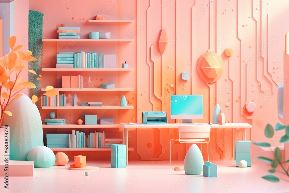 Poster a room with a computer and a plant in it and a shelf with books library animation motion graphics
