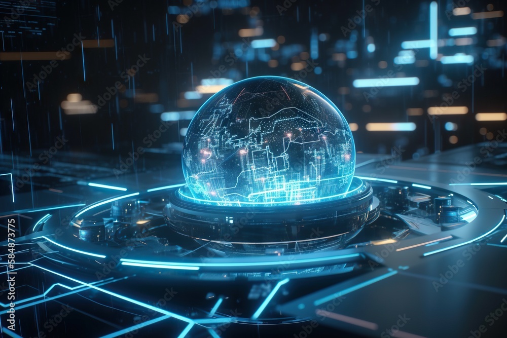 Poster a futuristic sphere with a map of the world in it on a futuristic surface factory animation motion g