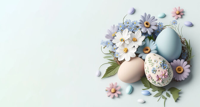 Creative Easter eggs composition with spring flowers with copy space. AI generated content
