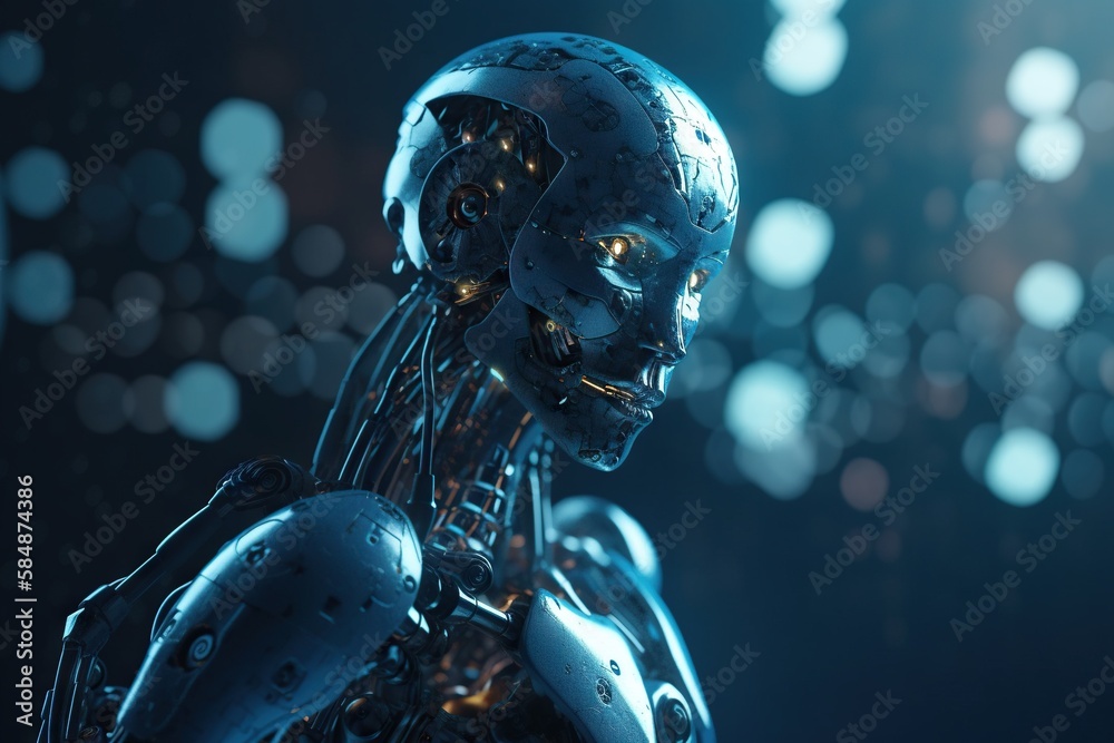 Poster A Robot With Glowing Eyes And A Body With A Chain Around It Factory Animation Robotics Engineering Generative AI 