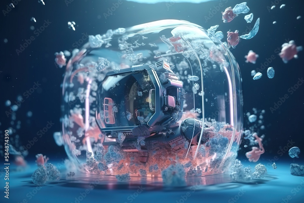 Poster a computer generated image of a computer inside a bubble of water aquarium animation motion graphics