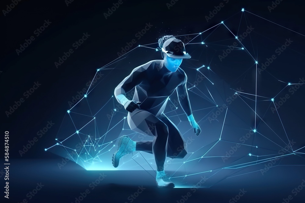 Poster a man running in a futuristic style with lines and dots on the background fitness center animation a