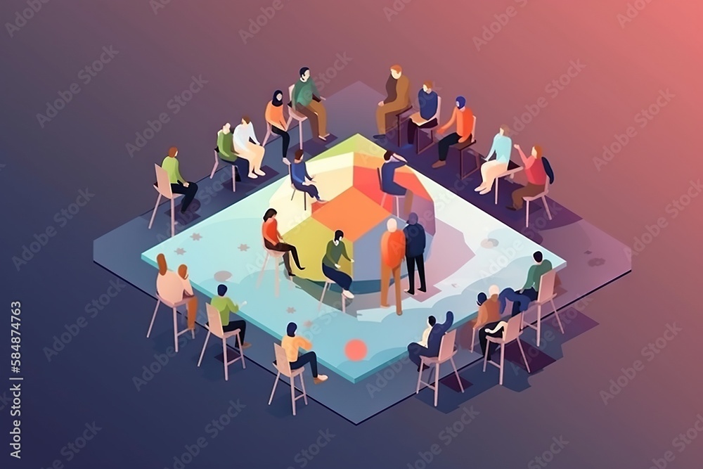 Poster a group of people sitting around a table with a colorful object workshop graphic design employee tra