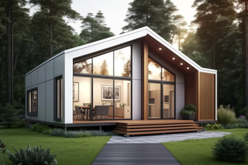 Fototapeta na wymiar Minimalist small house with wooden material. Generative ai illustration