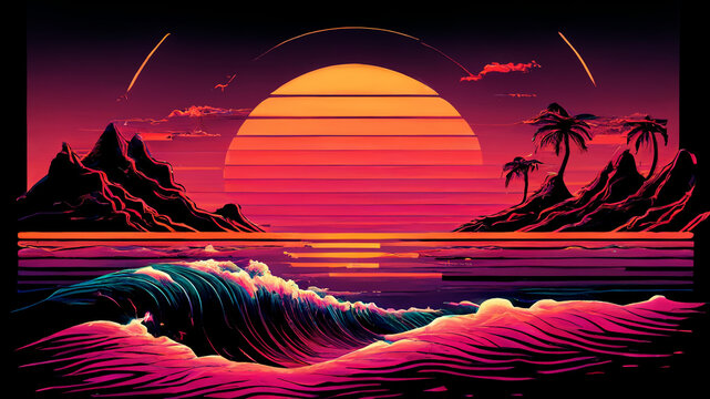 Synthwave sunset 80s retro beach landscape with arching wave