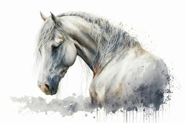 Generative AI. Horse head. Portrait of a white horse. Watercolor illustration.