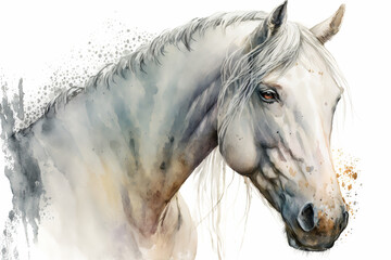 Generative AI. Horse head. Portrait of a white horse. Watercolor illustration.