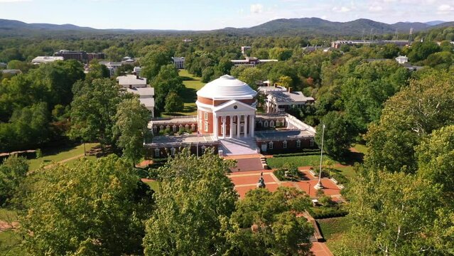 2022 - aerial of the classical Rotunda building on the University of Virginia campus, designed and built by Thomas Jefferson.