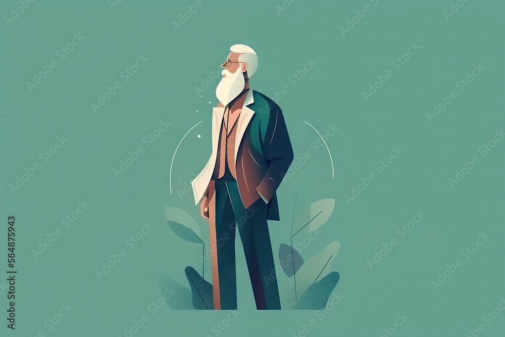 Poster a man with a white beard and a green jacket standing in front of a green background zoo animation mo