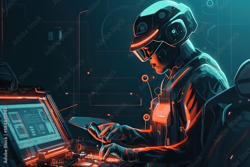 Poster a man in a helmet working on a laptop computer with a glowing background factory digital art robotic