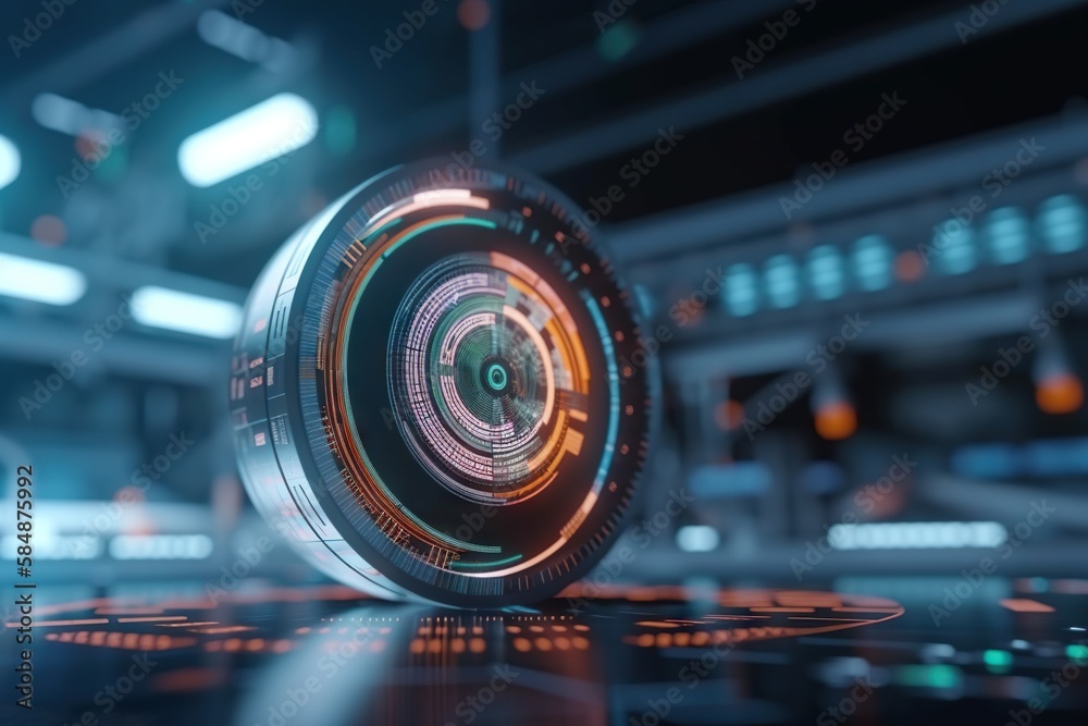 Poster a futuristic looking object with a circular lens on it's surface factory animation motion graphics