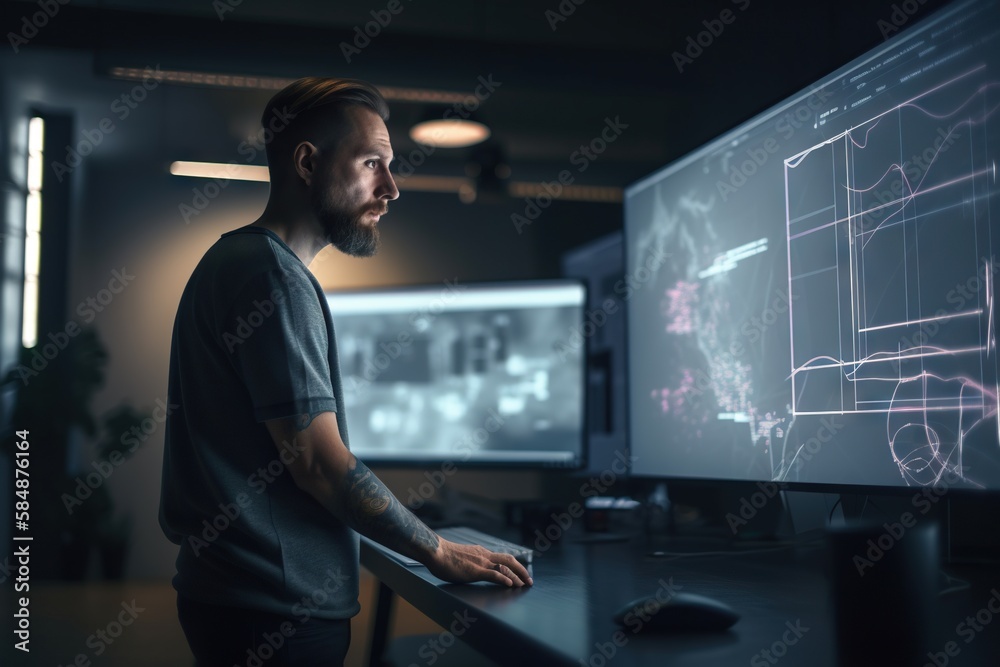 Poster a man standing in front of a computer screen with a drawing on it workshop advertising photography s