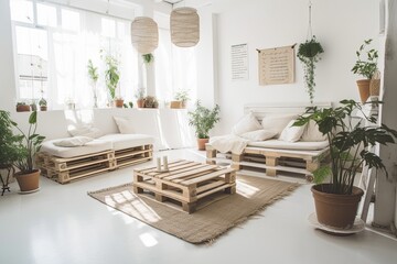 Fototapeta premium Pallet interior home—white and cheerful sunny room. Generative AI