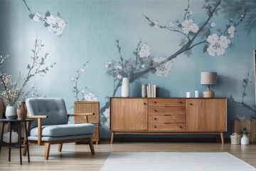 White and blue Japanese living room. Wooden dresser with wall mockup. Wallpaper, parquet. Modern decor,. Generative AI