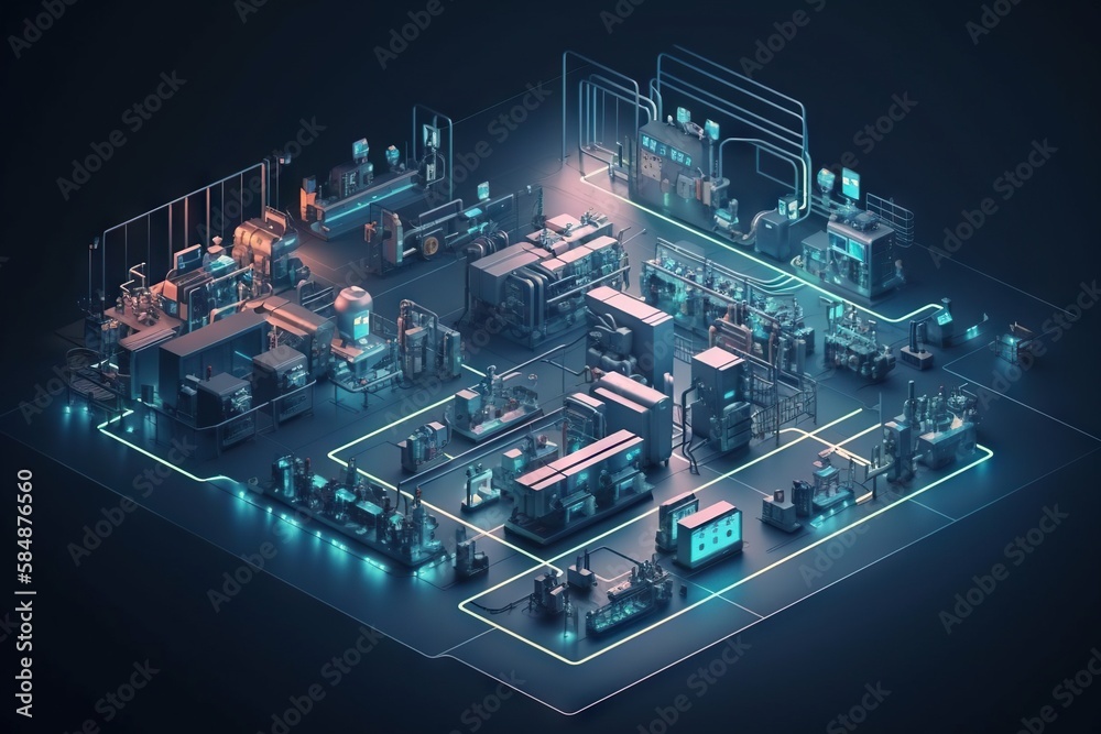 Poster a computer generated image of a factory with a neon glow on the floor factory animation manufacturin