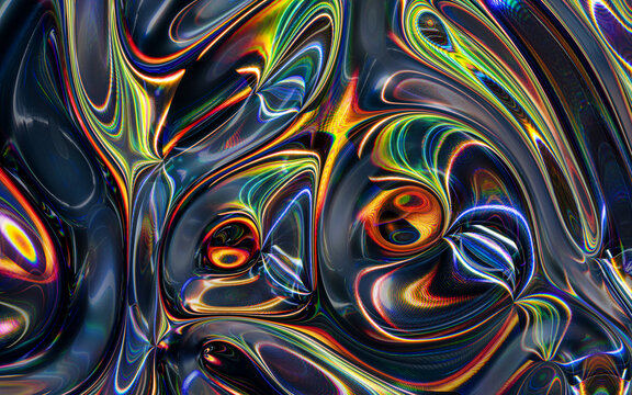 Dark abstract 3D render of a colorful, wavy holographic glass cloth
